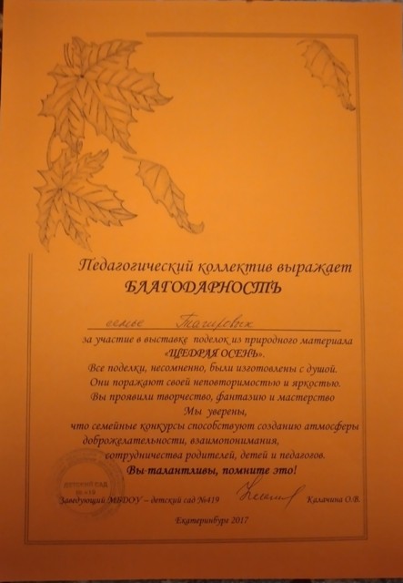 Педагогический коллектив выражает 
 Благодарность семье Тагировых за участие в выставке поделок из природного материала 
                             "Щедрая осень".